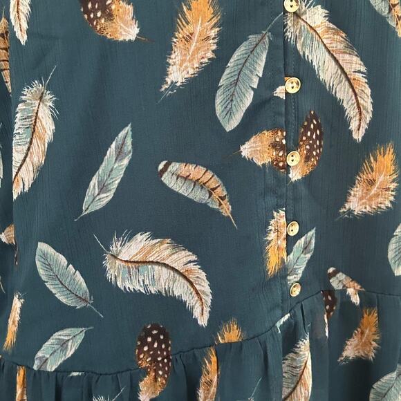 Loft green teal feather print button up dress long sleeve v neck size XS - Picture 7 of 10
